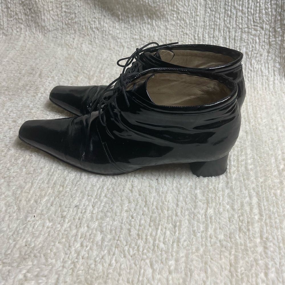 Adrienne Vittadini Leather Black Patent Lace-Up Boots SZ9M